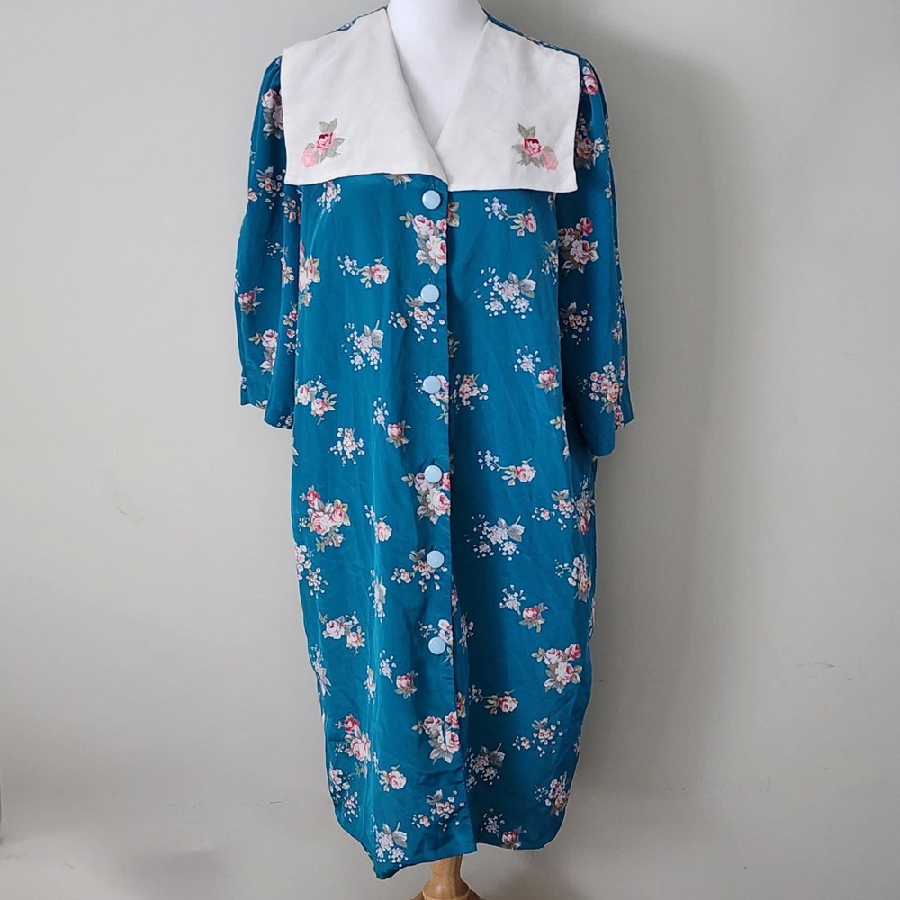Vintage 80s Floral Button Front Midi Dress Womens XL Teal Embroidered Collar